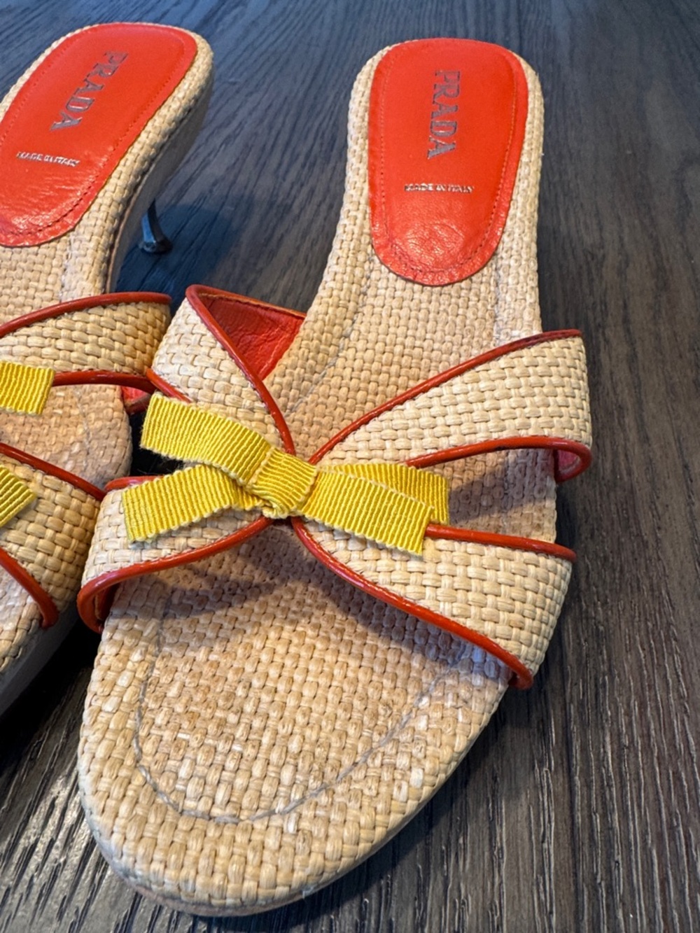 Prada Beige Raffia Slide Mules with Yellow Bow and Coral Trim - Picture 7 of 14